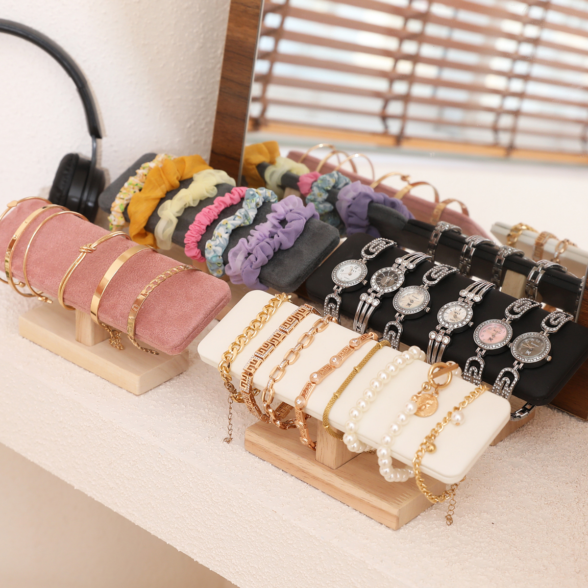 1pc Holz Basis T-Förmigen PU Leder/Samt Armband Display Rack Armreif Uhr Haarband Schmuck Lagerung Ständer halter Organizer