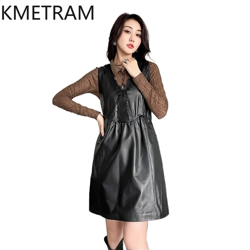 100 % Oberschicht-Schaffellkleid für Damen, schwarz, V-Ausschnitt, echtes Leder, ärmellose Kleider, neu in Oberbekleidung, Herbstkleidung, 2025 Овек