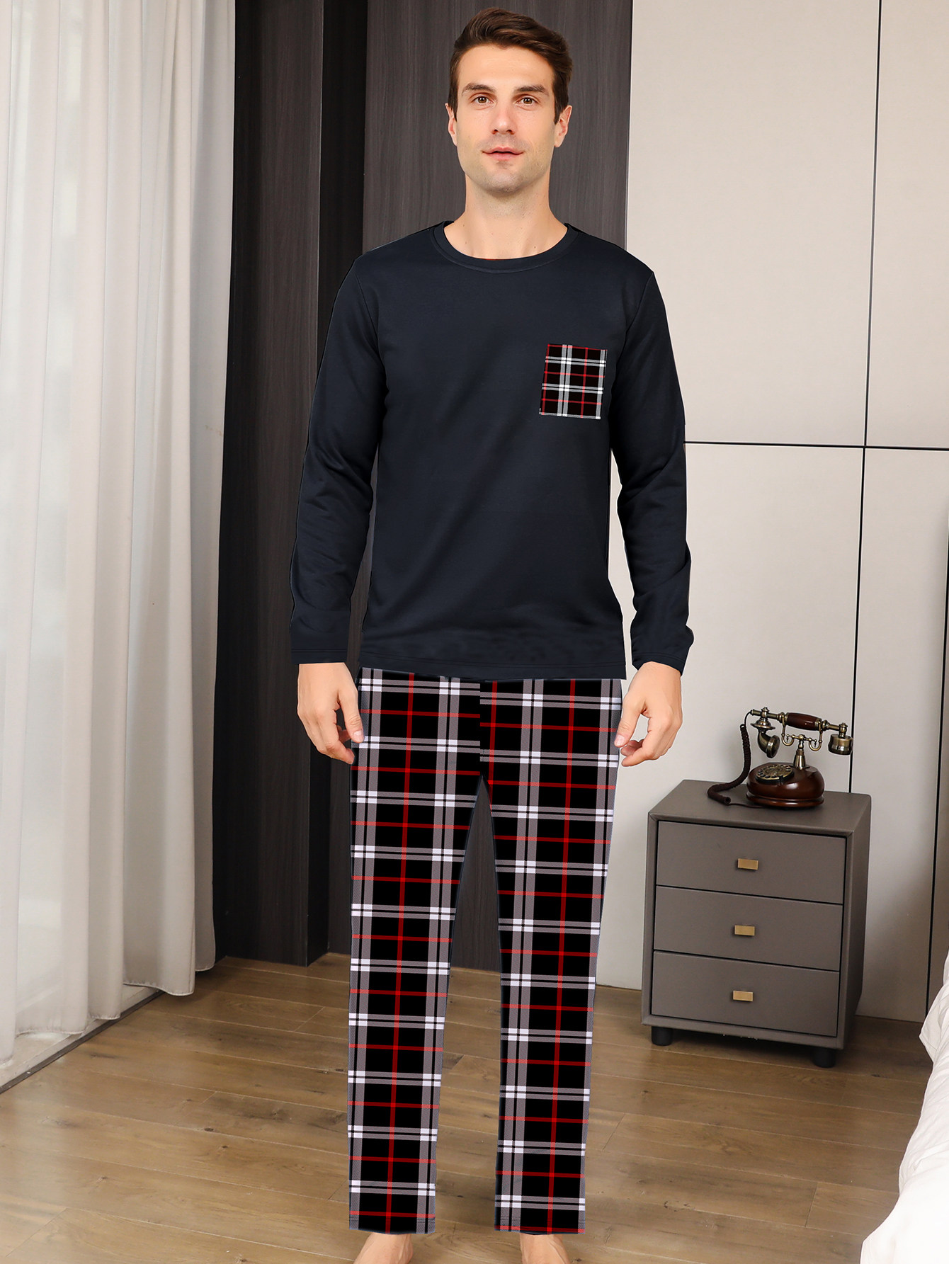 Conjunto de pijama de dos piezas para hombre ropa de dormir a cuadros pantalones de manga larga Otoño e Invierno