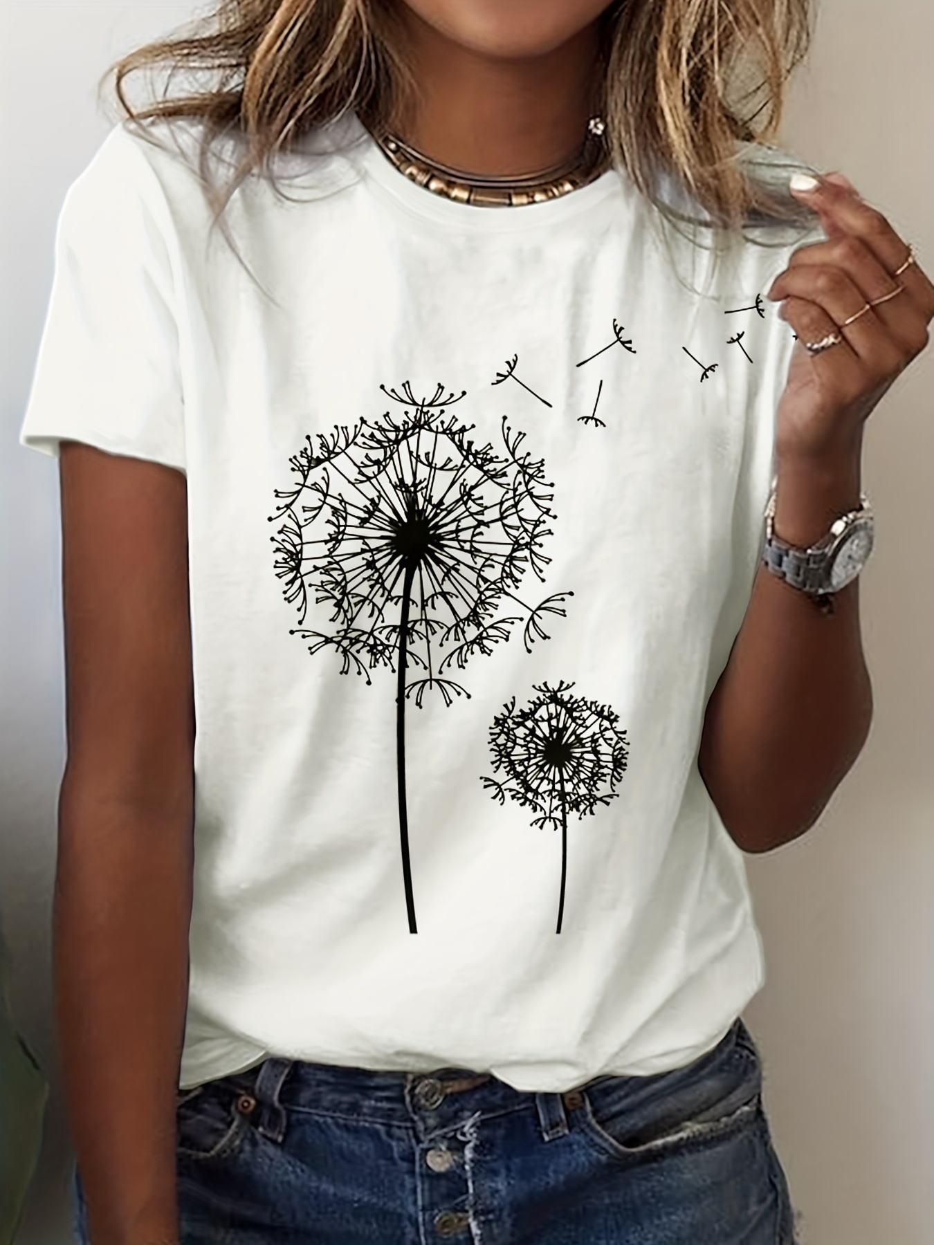 タンポポプリント クルーネック Tシャツ カジュアル半袖トップス 春夏用 婦人服