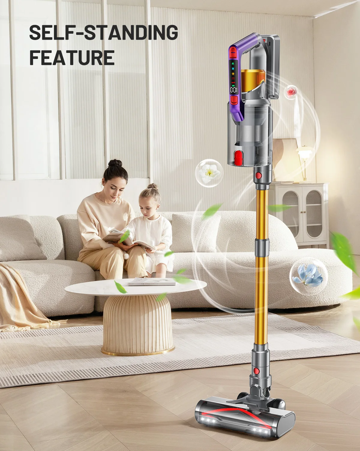 Kissof S17 Pro 550 W/55 kPa Akku-Staubsauger, 60 Minuten selbststehende Staubsauger für zu Hause, Anti-Tangle-Staubsauger
