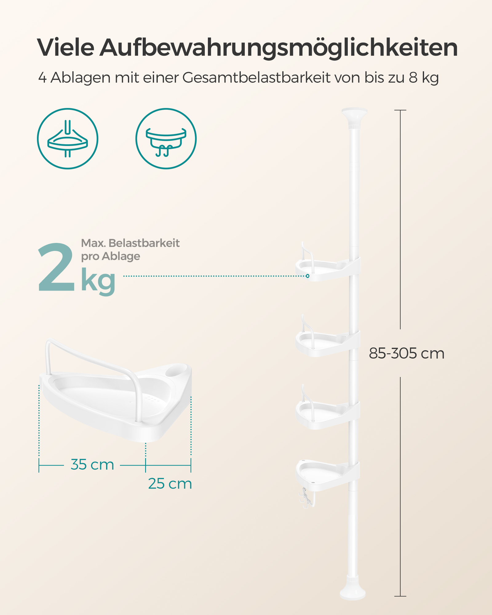 Duschregal, 85-305 cm höhenverstellbar, Badregal mit 4 Tabletts, Duschecke, kein Bohren notwendig, weiß/Schwarz