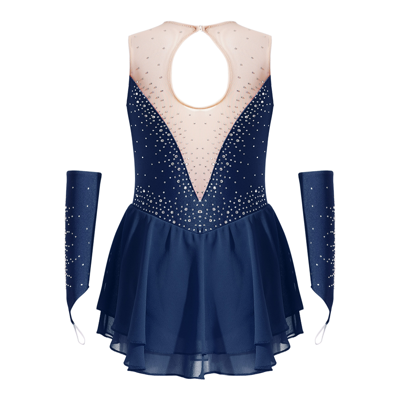 Künstlerisches Eiskunstlauf-Tanzkleid für Kinder, Mädchen, mit Handschuhen, glänzenden Strasssteinen, Rhythmus-Gymnastik-Trikot, lyrisches Ballett-Tutu-Kleid