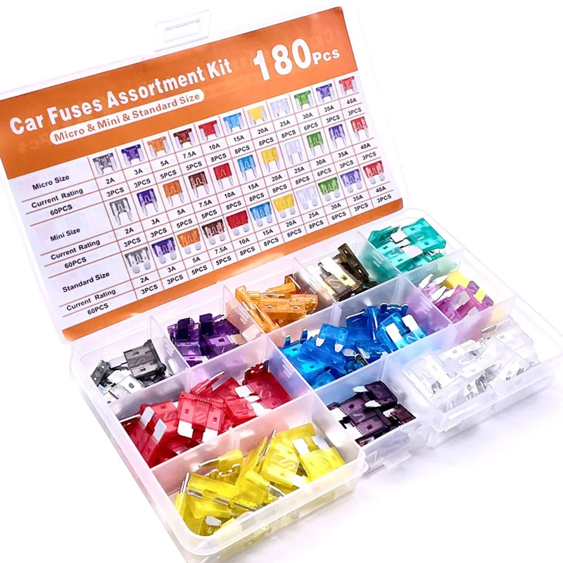 Kit sortido de fusíveis de carro 180 peças, 60 mini fusíveis de carro de lâmina + 60 fusíveis padrão automotivos + 60 micro fusíveis + extrator de fusível
