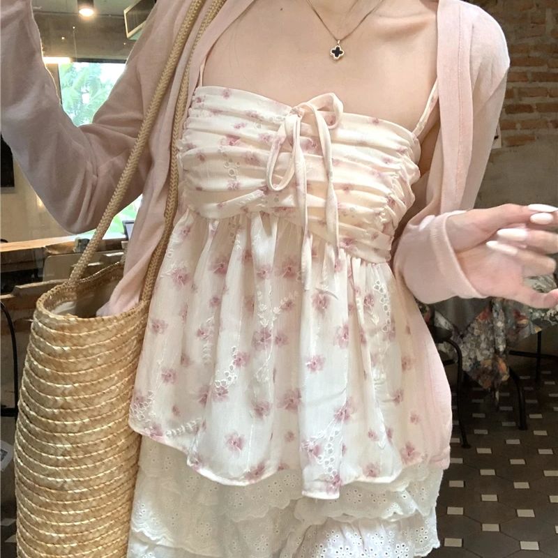 Chaleco Floral de encaje para mujer, Top de verano 2024, diseño plisado de frenillo rosa, Spice Girl, tirantes florales de puro deseo, chaleco interior de verano