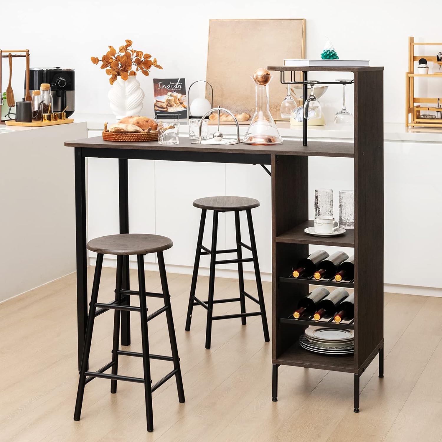 Bartisch-Set, Tresentisch mit 2 Barhooks, Esstisch Stehtisch mit Weinglashalter & Ablage Bistro & Wohnzimmer (Schwarz)