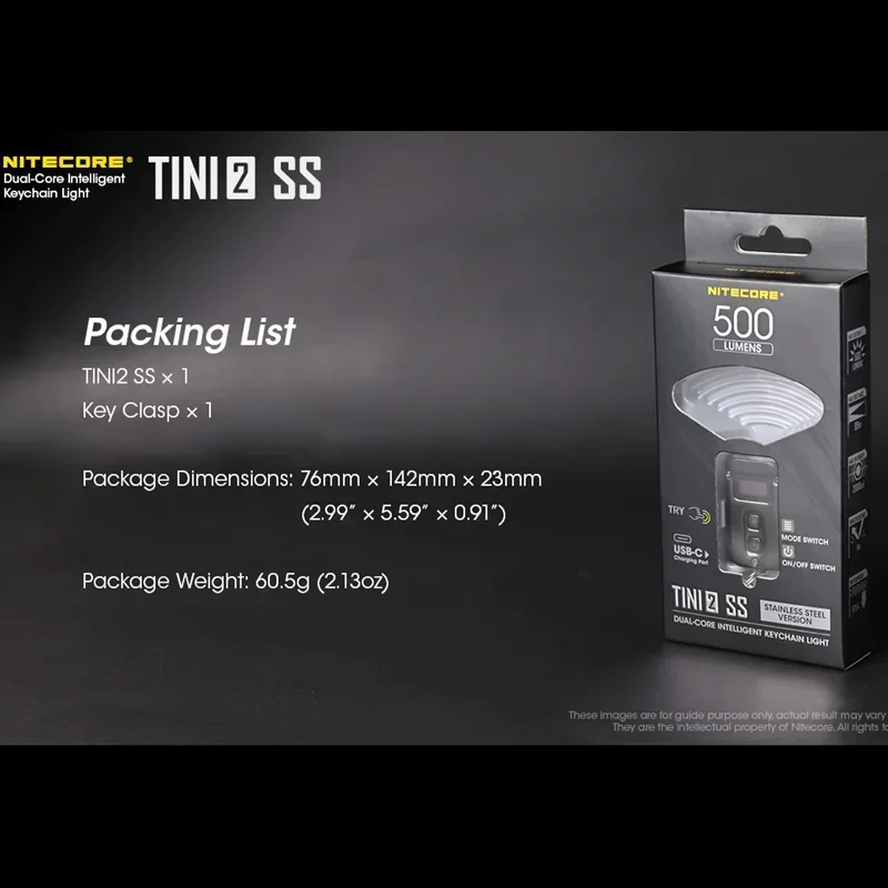 NITECORE Tini2 Ti llavero luz 500 lúmenes tipo C recargable EDC compacto aleación de titanio LED Flshlight