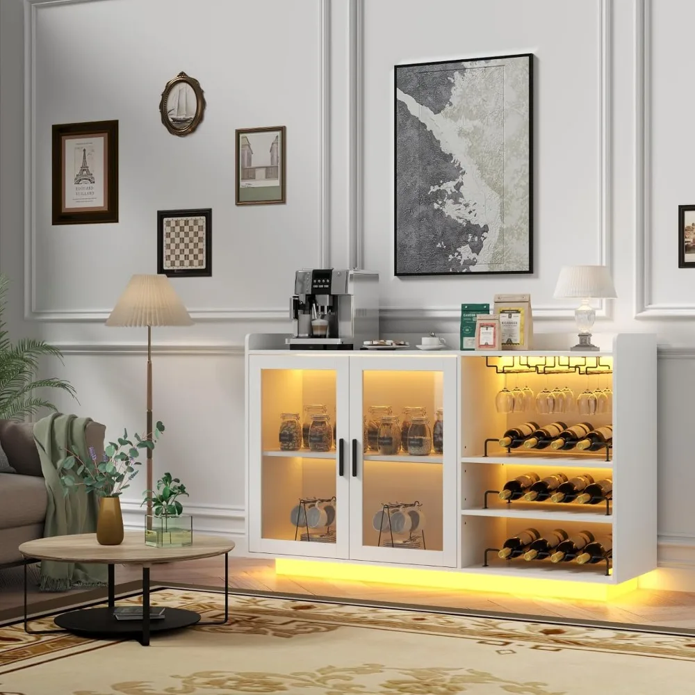 Wine Bar Cabinet with Lights,  Floating Coffee Bar with Glass Rack and Removable Wine Racks, Modern Buffet Sideboard