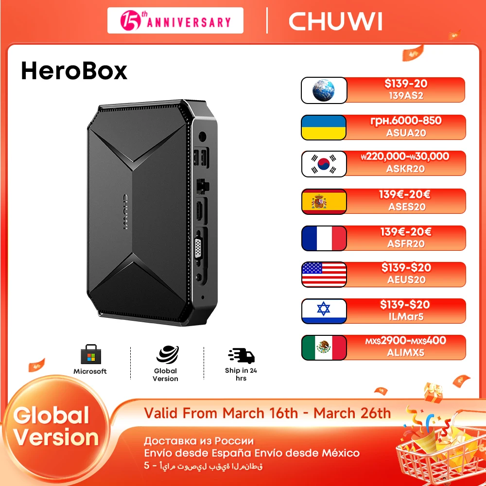 CHUWI Herobox Mini PC Intel 12e génération N100 Quad Core 8 Go de RAM 256 Go SSD WiFi 6 BT5.2 Gigabit Ethernet VESA Jusqu'à 2 To SSD Windows 11