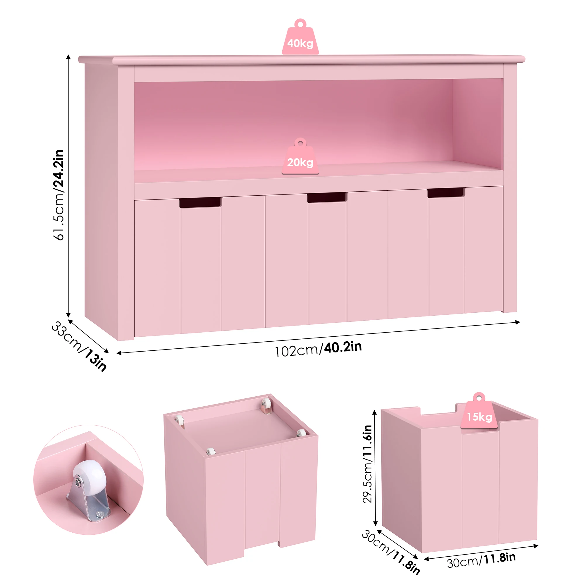 Getone Spielzeug Aufbewahrungsschrank, Kinder Bücherregal, 3 Schubladen Kinderkommode mit Rollen 102 x 33 x 61,5