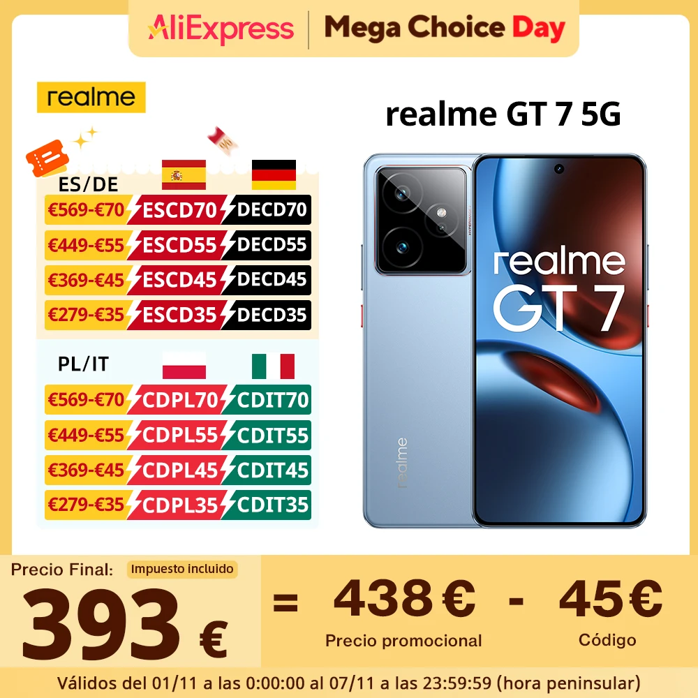 Globale Version realme GT 7 5G AI Smartphone MTK Dimensity 9400e 6000nits Pro-Esports Display 7000 mAh Akku 120W Ultra Charge