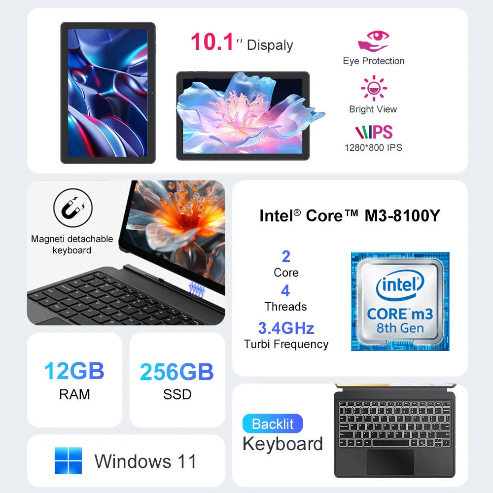 Portátil Ninkear X10 2 en 1, IPS Intel Core m3-8100Y de 10,1 pulgadas, 12 GB de RAM, 256 GB SSD, teclado retroiluminado magnético Windows 11 Pogo Pin