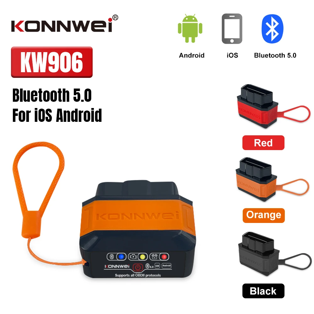 KONNWEI KW906 ELM327 V1.5 OBD2 Scanners de falhas de carro Bluetooth 5.0 Ferramenta de diagnóstico OBDII para leitor de código Android/IOS