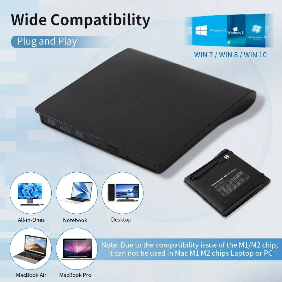 Externe CD DVD Lecteur USB 3.0 Portable Convient pour DVD-R DVD-RW Lecteur Graveur pour PC Ordinateur Portable Windows 10/8/7