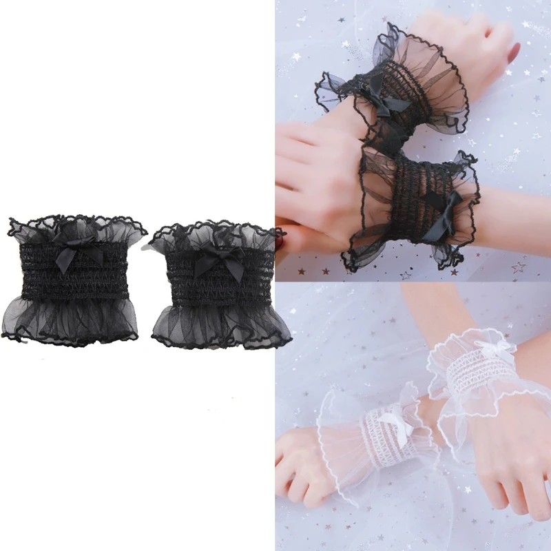 652F สไตล์ญี่ปุ่นหวานหวานแหววข้อมือยางยืดสายรัดข้อมือสร้อยข้อมือผูกโบว์ลูกไม้มีระบายสีทึบสายรัดข้อมืออะนิเมะ