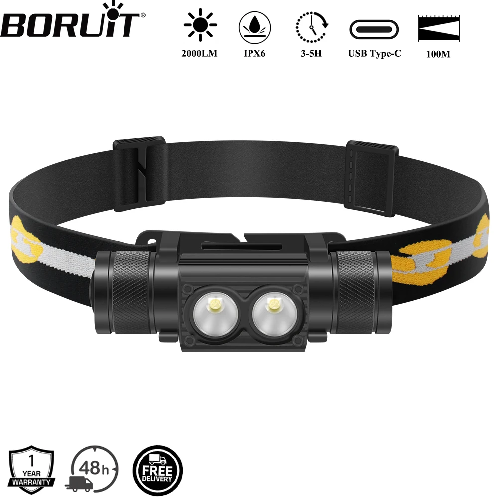 BORUiT D25 Dual XM-L2 Đèn LED Mini Đèn Pha 6 Chế Độ 5000LM Mạnh Đèn Pha Sạc 18650 Đầu Đèn Pin Cho Cắm Trại Săn Bắn