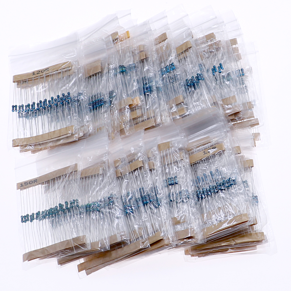 1/8W 1/4W 1/2W 1W 2W Kit de sortimento de resistores de filme de metal Caixa 1% pacote de resistor de componentes eletrônicos