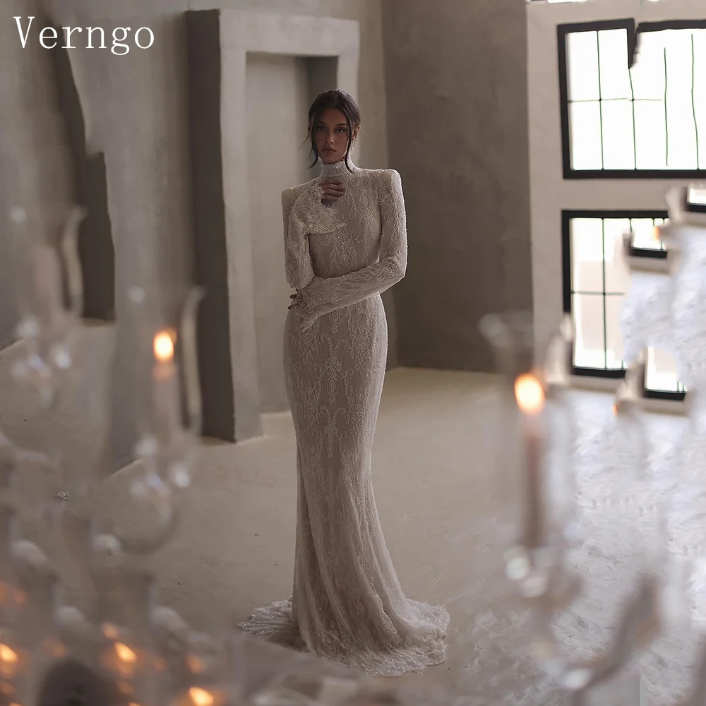 Verngo abiti da sposa in pizzo avorio collo alto maniche lunghe abiti da sposa donna Sweep Train abiti da sposa personalizzati