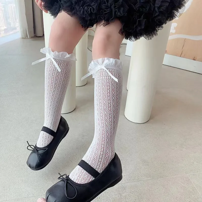 Calze lunghe da ragazza in pizzo a tubo, modello con fiocco dolce, calzino a rete, per bambina, balletto, rete da pesca, calzini con volant, leggings Lolita