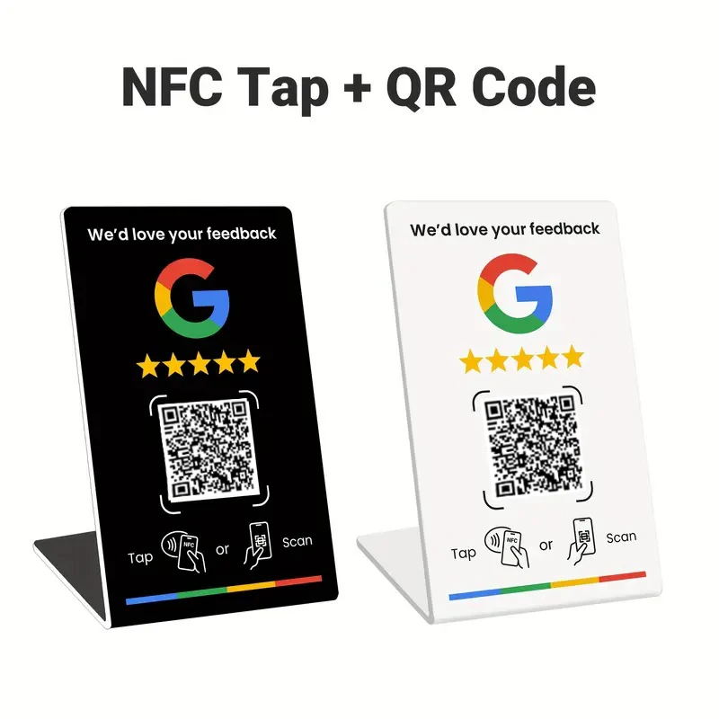 NFC 215, programmeerbare QR-code Google Review Card NFC-stationtabel NFC Google Reviews-display buigkaart staande merkbeugel