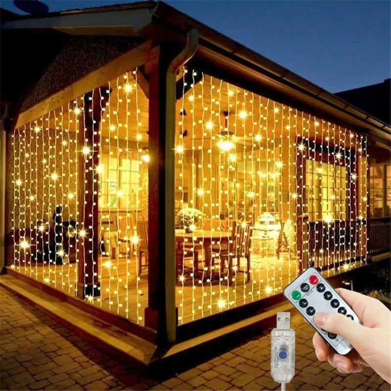 Cortina de luces LED alimentada por USB con Control remoto, adornos navideños para el hogar, boda, cumpleaños, dormitorio, luces de fiesta