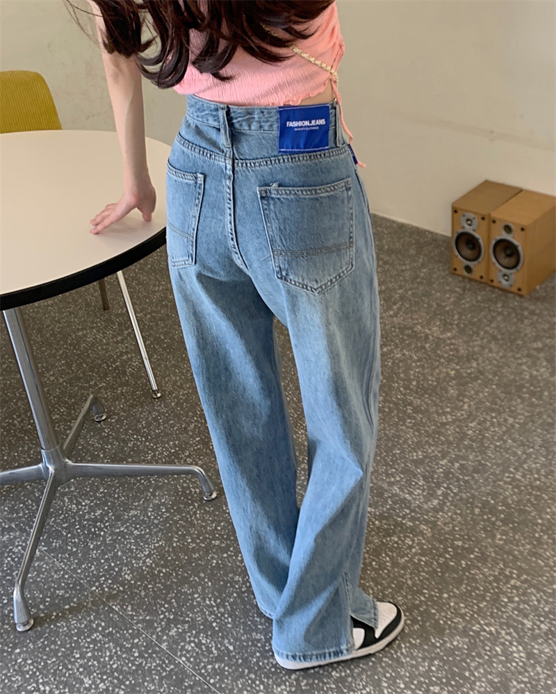 ルーズハイウエストワイドレッグデザインセンセーション夏 2023 女性のストレートジーンズスリット床長パンツカジュアルハイウエストジーンズ