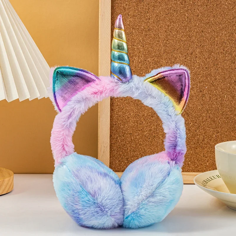 Cache-oreilles licorne colorée en peluche douce et moelleuse pour enfants, cache-oreilles chauds d'hiver avec oreilles de chat mignonnes, chapeau en fourrure tie-dye