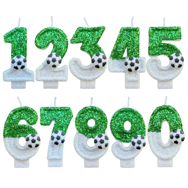 Velas de cumpleaños para niños de fútbol número 0-9 brillo verde vela de fútbol creativa de cumpleaños para decoración superior de pastel de fiesta de niño