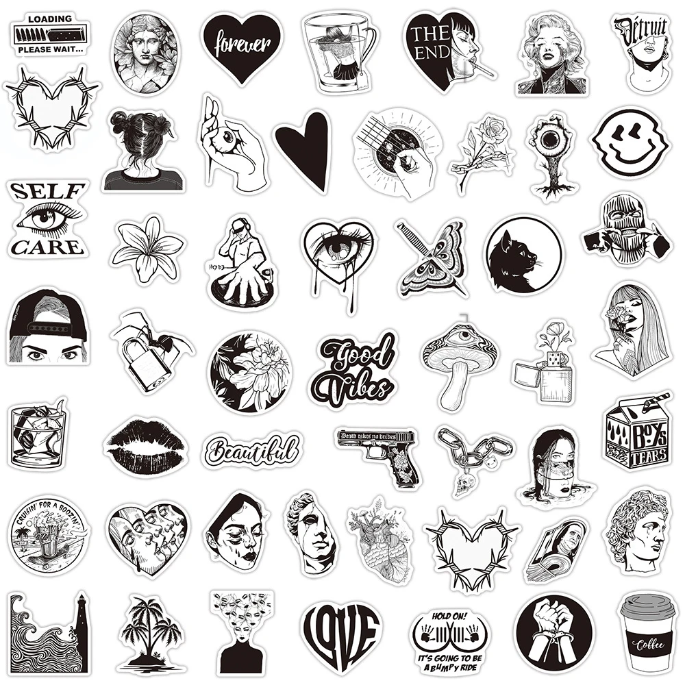 10/30/50 Uds Graffiti blanco y negro pegatinas de diseño artístico portátil equipaje funda de teléfono guitarra nevera coche motocicleta Cool Ins calcomanías
