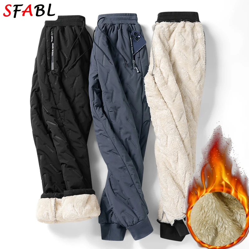 Engrossar lã interna calças de inverno para homens sweatpants joggers calças homem térmico quente calças casuais algodão à prova vento