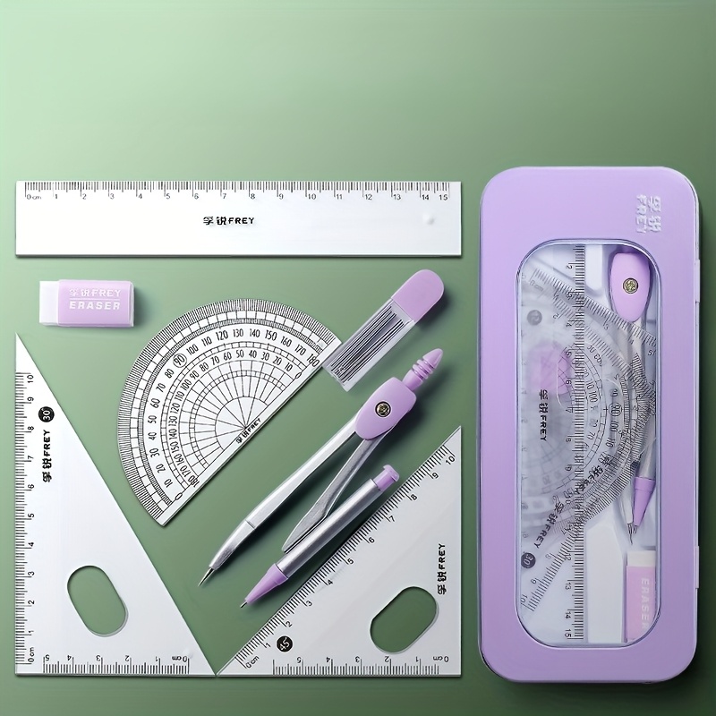 1-set Durable 7-in-1 Measuring and Drawing Tool Set, Including Compass, Protractor, Ruler, and Eraser