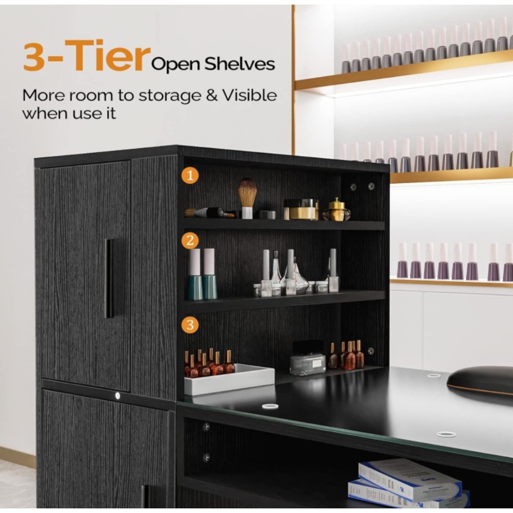 Manicure Table Nail Desk for Nail Tech w/Glass Top & Wrist Rest, Beauty Salon Nail Supplies Decor Workstation Acetone Resistant