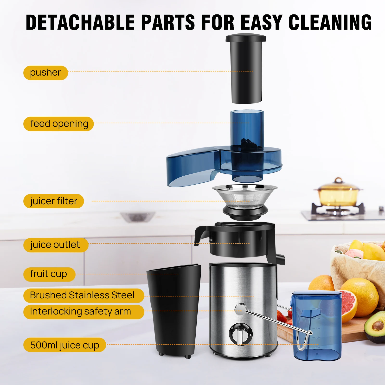 DayPlus Entsafter-Maschinen, Zentrifugal-Entsafter-Extraktor, maximale Leistung 1000 W, Weithals-Einfüllschacht für Obst und Gemüse, 400-W-Motor