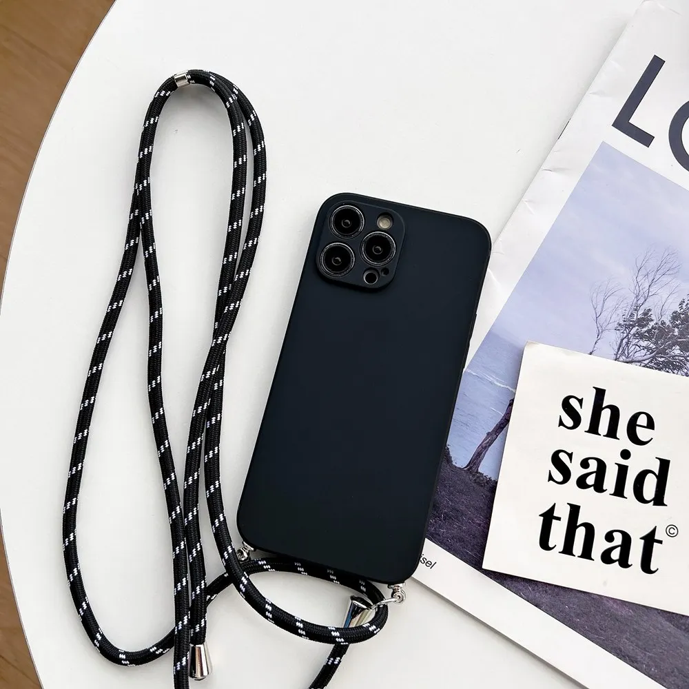 Funda de silicona con cordón cruzado Simple para iPhone, funda suave con correa para collar, 15, 11, 12, 13, 14 Pro Max, XR, X, XS, 7, 8 Plus