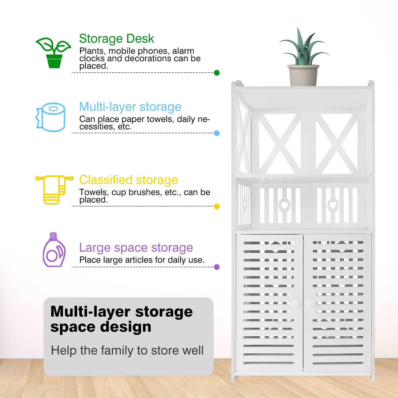 Bathroom Floor Cabinet,Waterproof FreeStanding Bathroom Storage Unit with Daily Use Layer and Cupboard Double Door,3 Tier PVC