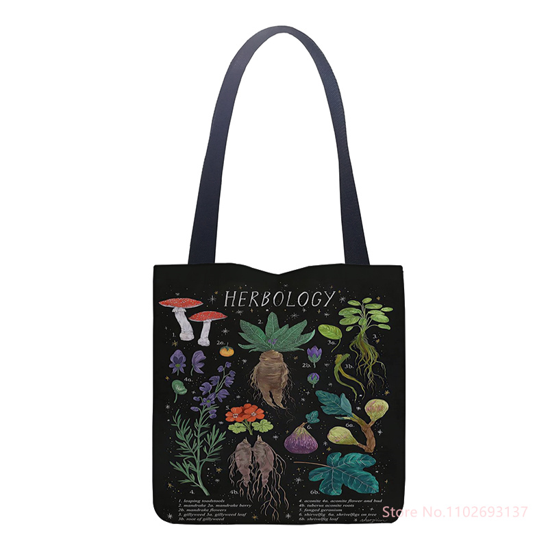 Pilz-Einkaufstasche, schwarzes Baumwolltuch, Schulter-Shopper-Taschen, niedlicher Cartoon für Frauen, Handtasche, umweltfreundlich, faltbar, wiederverwendbar, Einkaufstasche