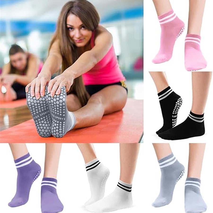 Calcetines de agarre antideslizantes para mujer, medias de Yoga, Pilates, rayas dobles, antideslizantes para entrenamiento, Ballet, medias atléticas