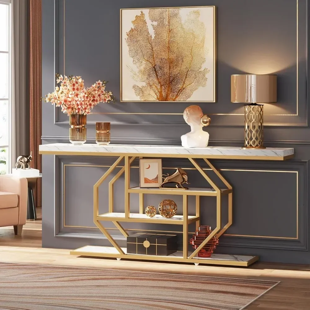 70.9 inch Extra Long Console Table,Modern Gold Sofa Table Behind Couch with Storage,4 Tier Entryway Accent Table for Living Room