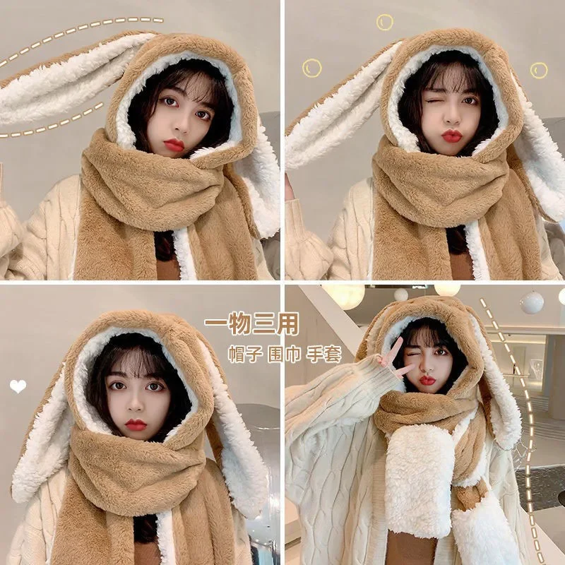 ใหม่แฟชั่นผ้าพันคอหมวกถุงมือผู้หญิงน่ารักหูใหญ่กระต่ายหมวกฤดูหนาว WARM Soft หนากระเป๋าอุ่นหูหมวก Hooded Skullie หมวก