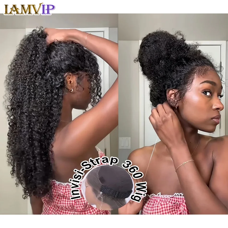 Sem cola 250 densidade hd invisi cinta 360 laço completo frontal kinky encaracolado peruca 30 polegada preto cabelo humano cordão confortável peruca de água