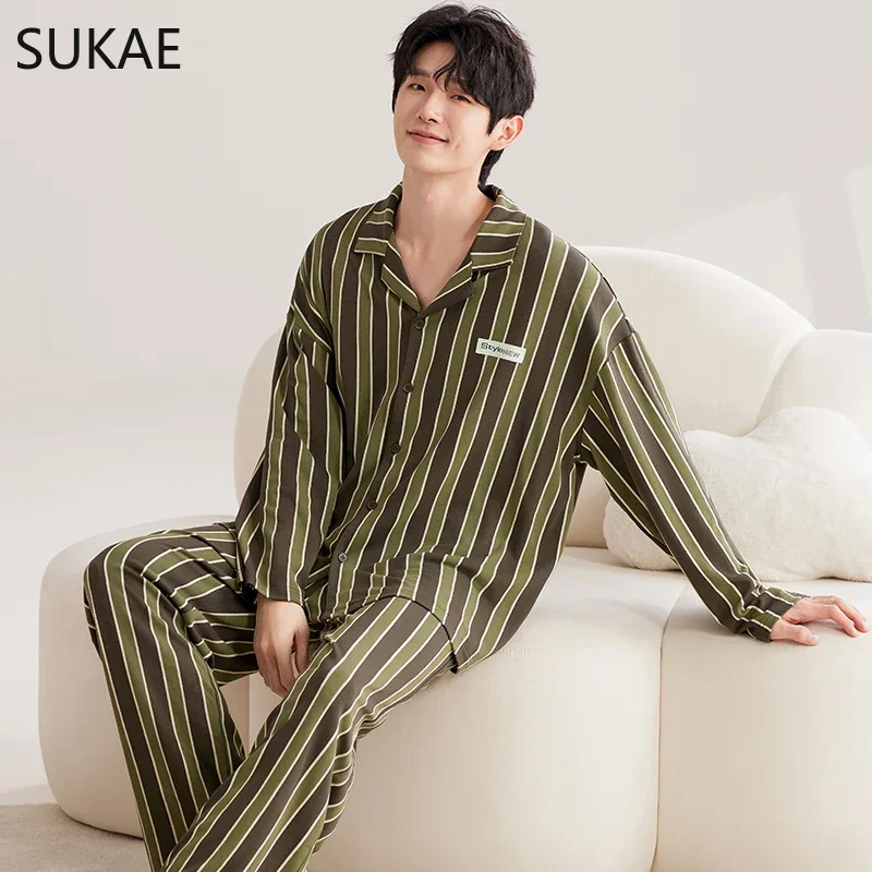 Sukae casual masculino pijamas de algodão falso macio pijamas outono primavera homesuit cavalheiro turn-down colarinho pijamas meninos