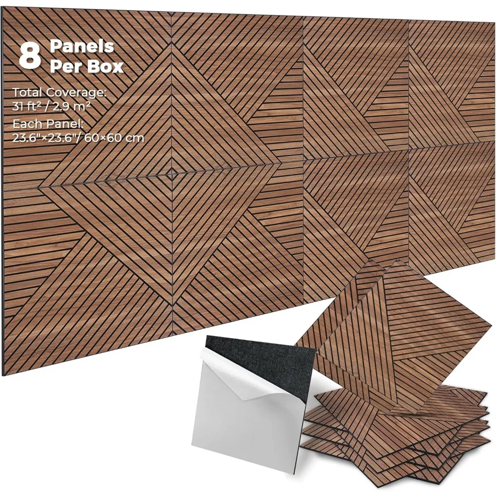 Peel and Stick Acoustic Wall Panels – 8 Pack Self-Adhesive Wood Pattern Soundproof Panels 23.6” x 23.6” for Interior Wall Dec