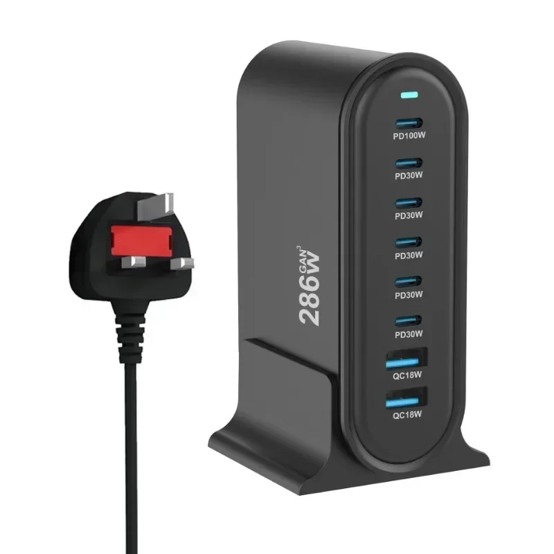 Pengisi daya Cepat Desktop GaN 286W, pengisi daya USB Tipe C PD 8 port 3.0 USB Tipe C 100W PPS