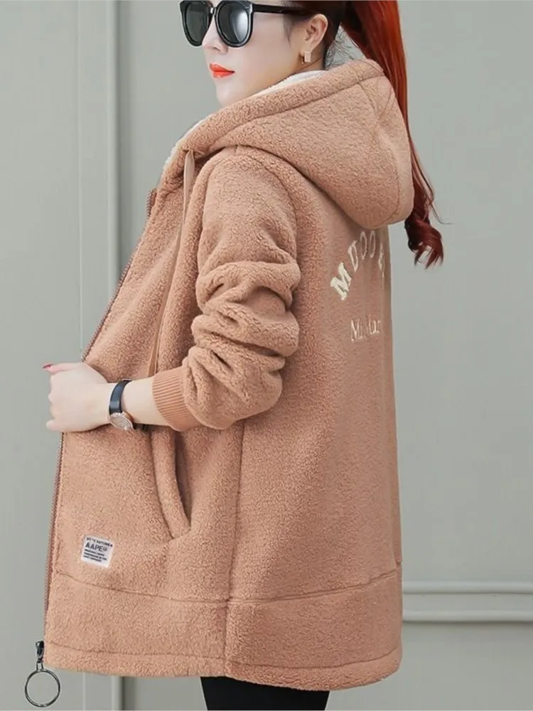 Otoño Invierno nueva chaqueta de longitud media con forro polar grueso para mujer estilo versión coreana cárdigan holgado abrigos superiores