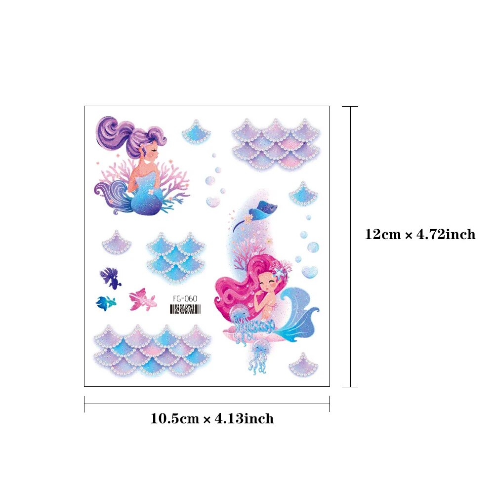 12 個グリッターマーメイドユニコーン防水一時的なタトゥーステッカー漫画レインボーフラッシュタトゥー子供のためのアームボディアートフェイクタトゥー