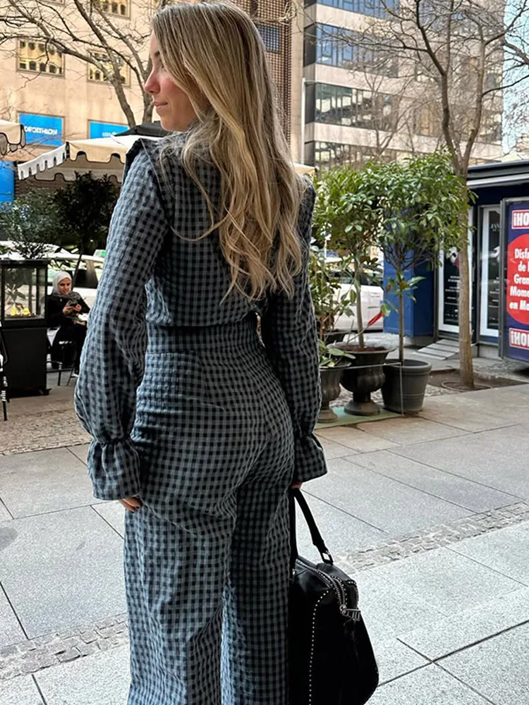 ヴィンテージシングルブレストジャンプスーツ,チェック柄フラウンスヘム,スタンドカラー,長袖,ストリートウェア,通勤,春,2022