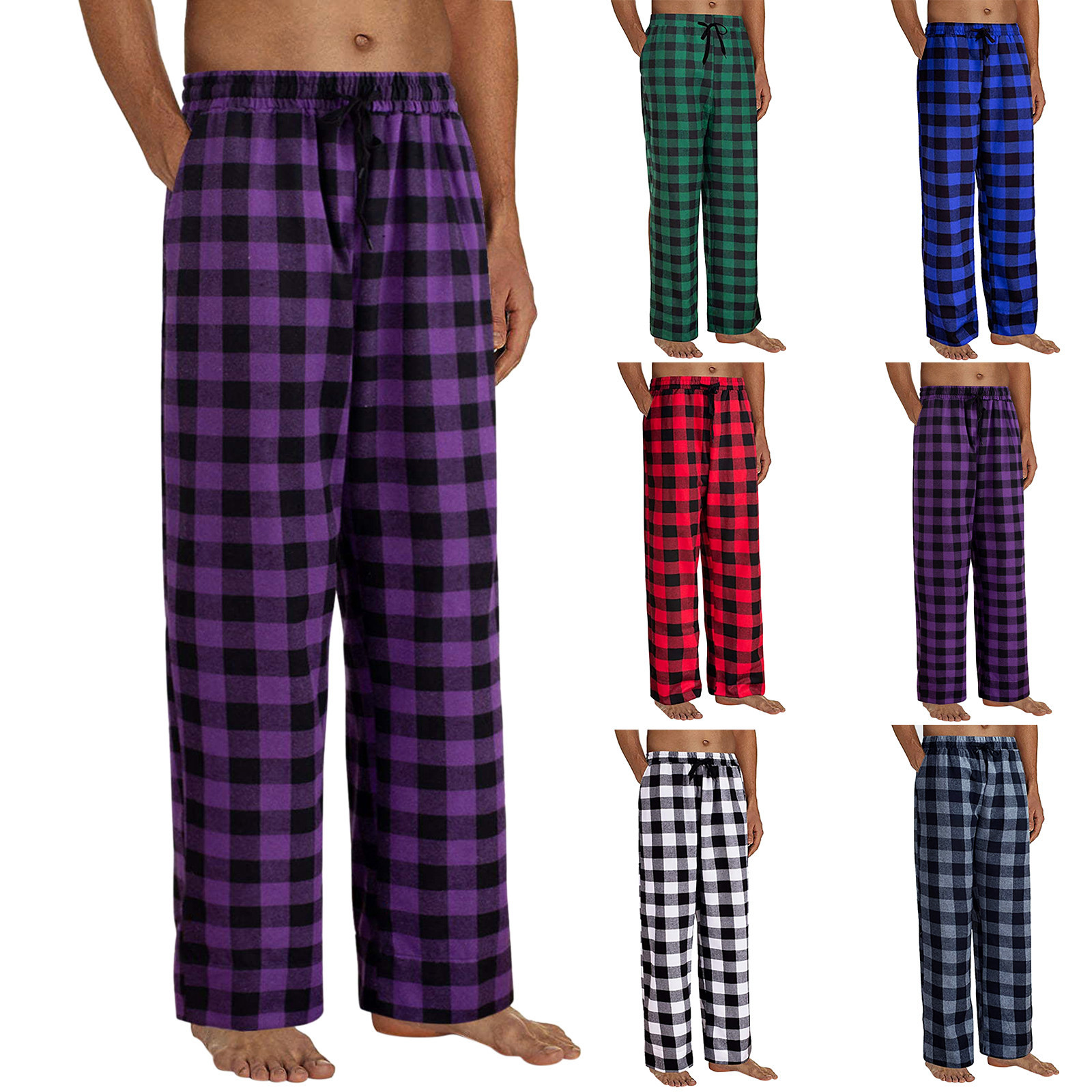 Pyjama à carreaux pour hommes, pantalon Long de sommeil avec poches, bas de pyjama doux, vêtements de maison classiques, taille élastique, vêtements de mode coréenne