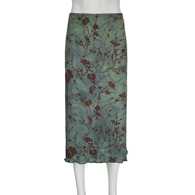 SUCHCUTE y2k Vintage Stampa Floreale Midi Gonne Donna Harajuku Fairycore Verde Dritto Maxi Gonna Estetica Dolce Vestiti Della Ragazza