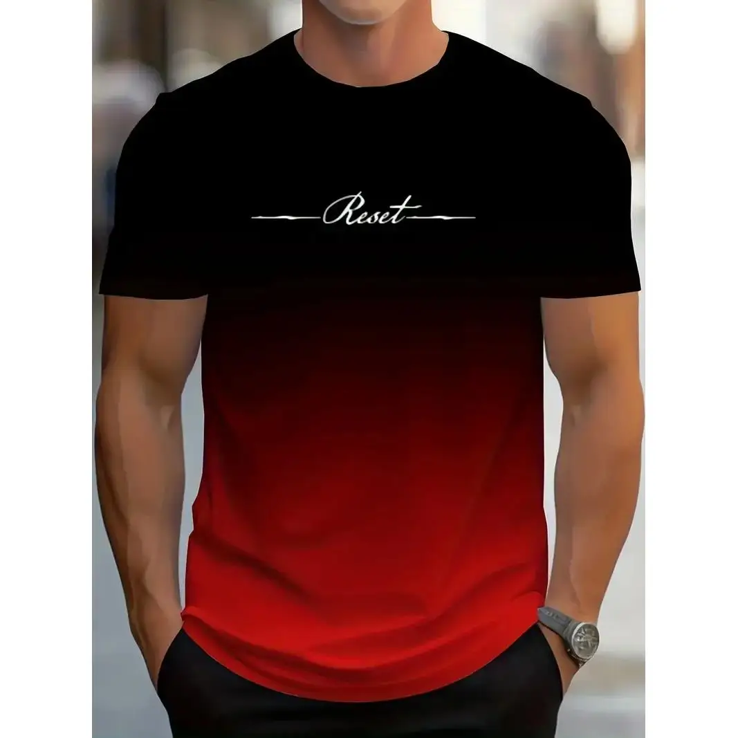 Camiseta con estampado 3D de letras de reinicio degradado para hombre, camiseta deportiva informal de verano para exteriores, Top de manga corta de secado rápido, ropa de talla grande para hombre