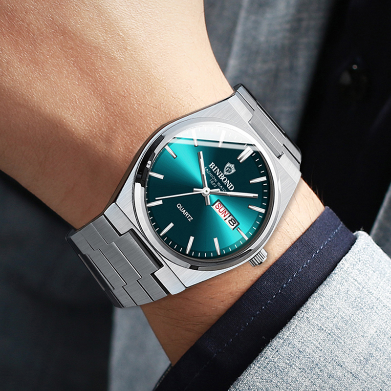 BINBOND トップブランドの高級メンズクォーツ時計オリジナル腕時計男性用防水発光日付週ステンレス鋼腕時計男性